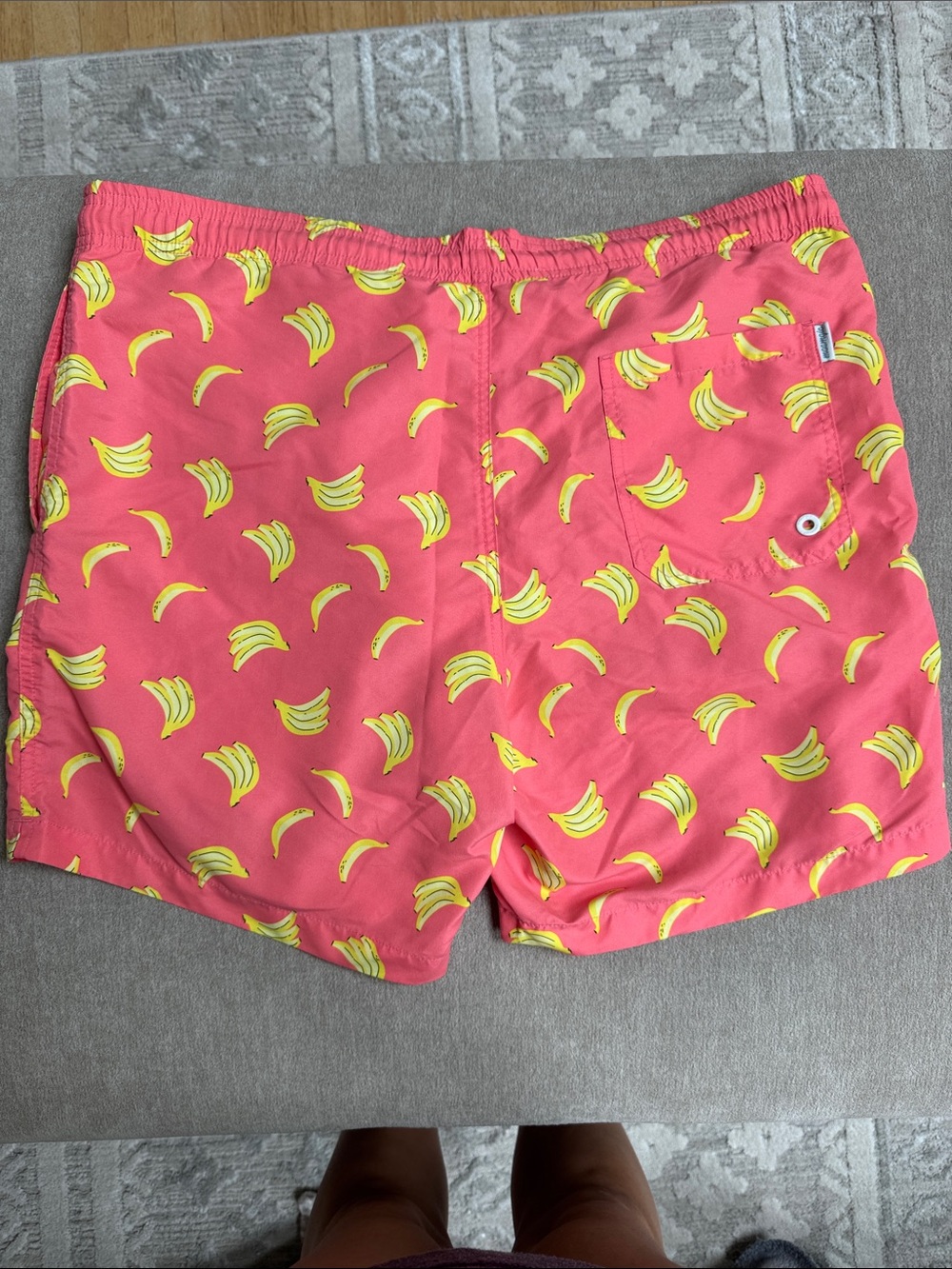 Coral Men's Swim Trunks with Yellow Banana Print - Picture 3 of 9